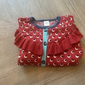 Never worn! Wild Flowers deep red sweater with blue buttons and ruffle details